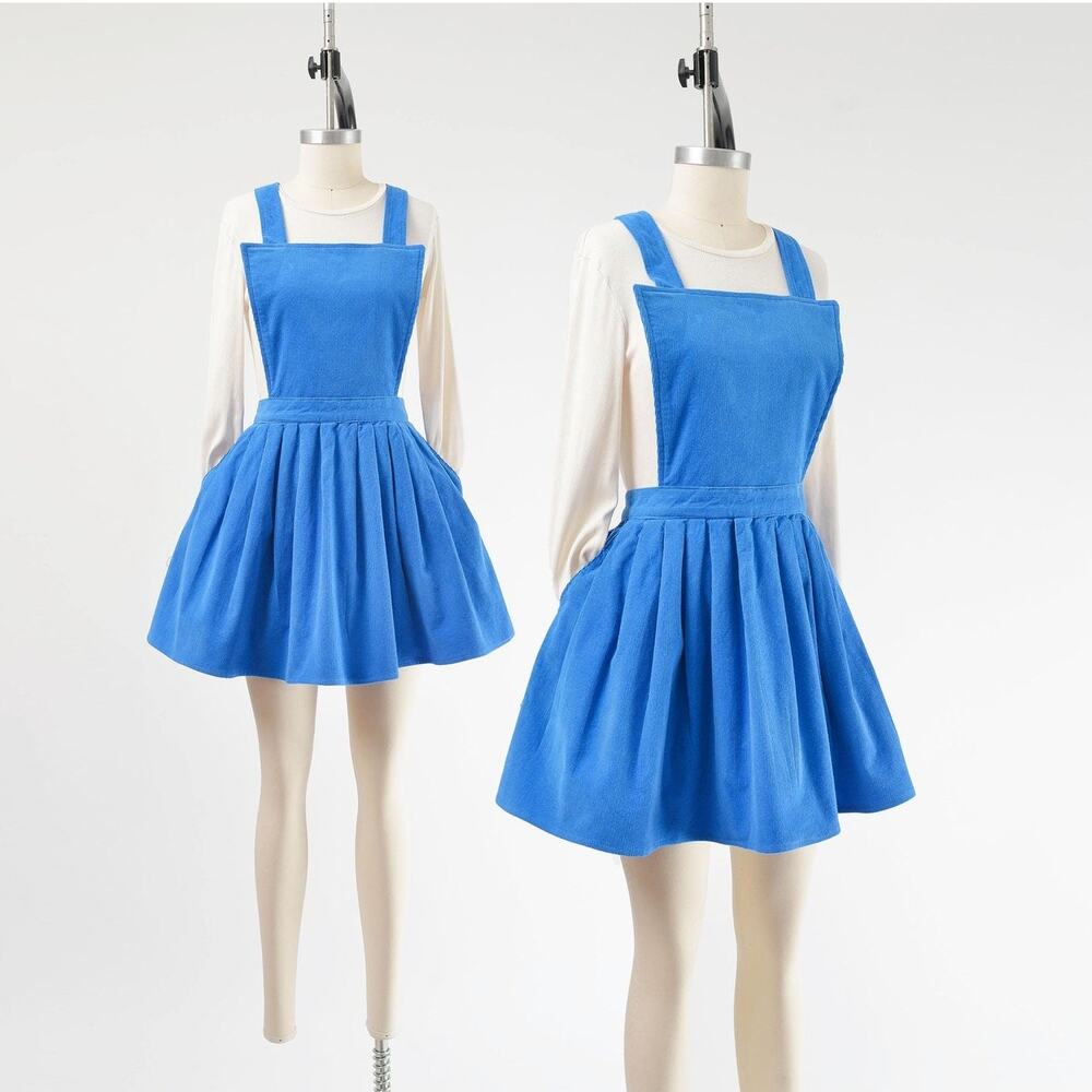 Vintage 80s Blue Corduroy Pinafore Skirt Pleated Overall Mini Dress with Pockets